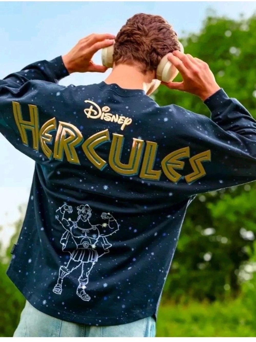 NWT Disney Hercules Spirit Jersey Navy Blue Gold Foil Constellation size L